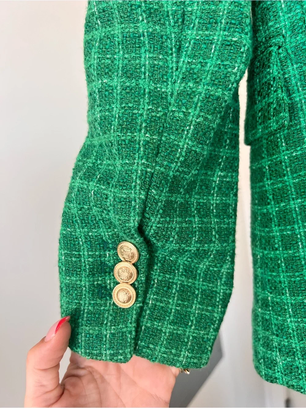 Zara Emerald Green Textured Tweed Double Breasted Blazer Gold Buttons Size Small - Picture 7 of 10